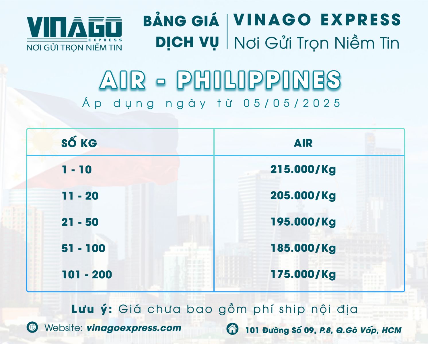 BẢNG GIÁ GỬI HÀNG ĐI PHILIPPINES BẰNG ĐƯỜNG BAY, ĐƯỜNG HÀNG KHÔNG