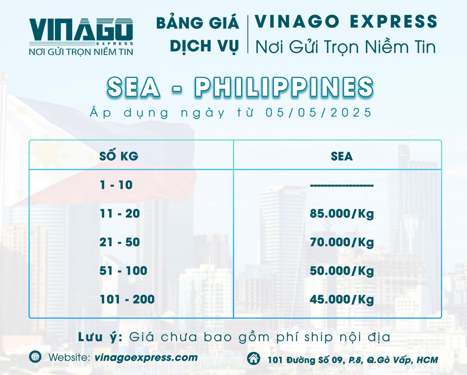 BẢNG GIÁ GỬI HÀNG ĐI PHILIPPINES BẰNG ĐƯỜNG BIỂN - ĐƯỜNG TÀU