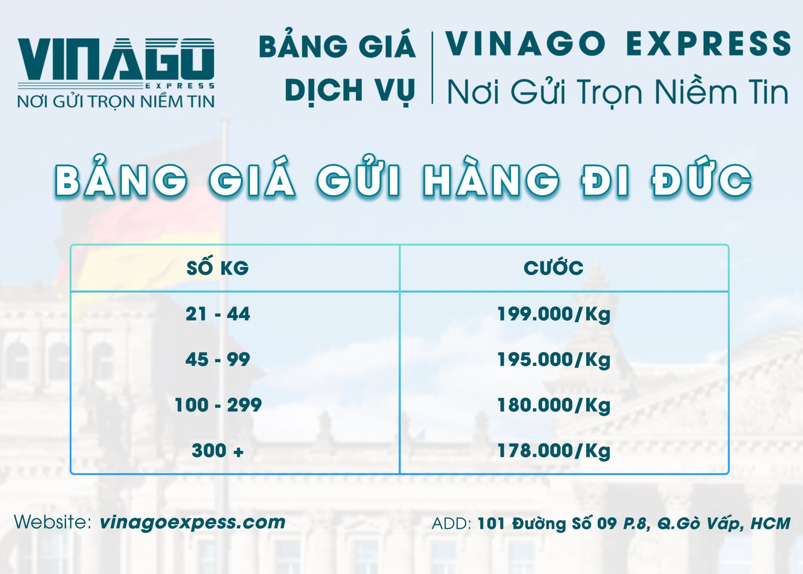BẢNG GIÁ GỬI HÀNG ĐI ĐỨC TẠI VINAGO EXPRESS